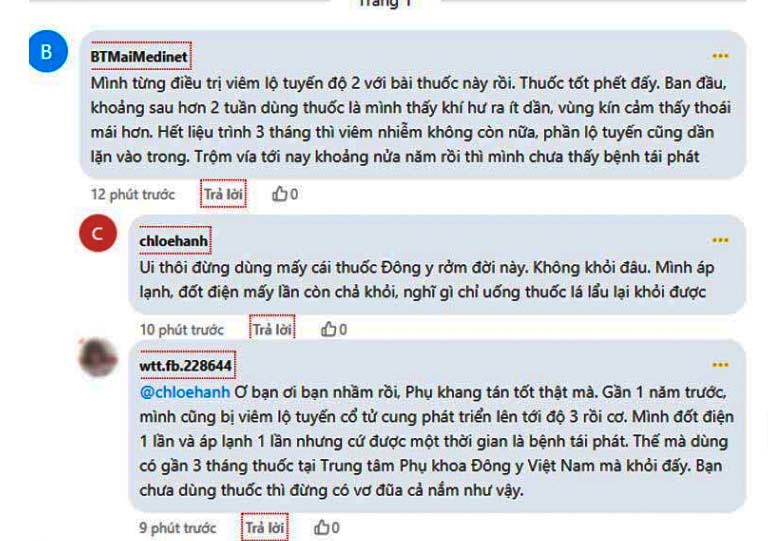 Một số phản hồi của bệnh nhân viêm lộ tuyến trên webtretho