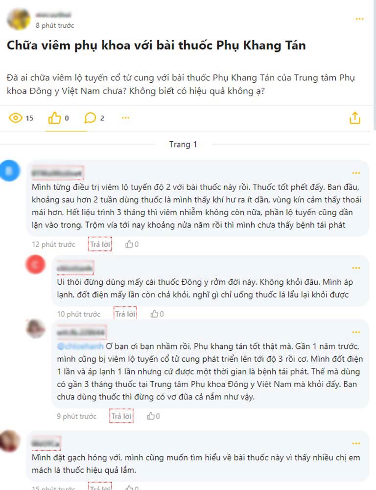 Người bệnh bị viêm lộ tuyến đã khỏi bệnh sau khi dùng Phụ Khang Tán