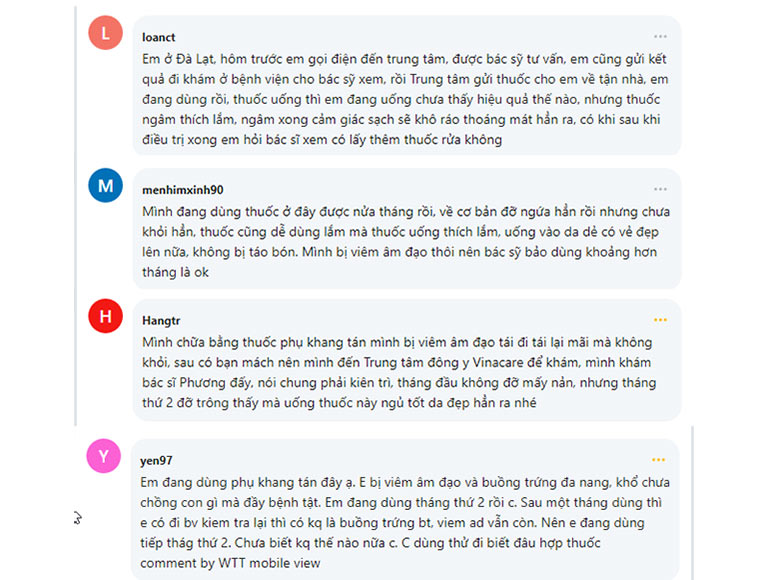 Phản hồi của bệnh nhân sau khi chữa bệnh phụ khoa bằng Phụ Khang Tán trên webtretho