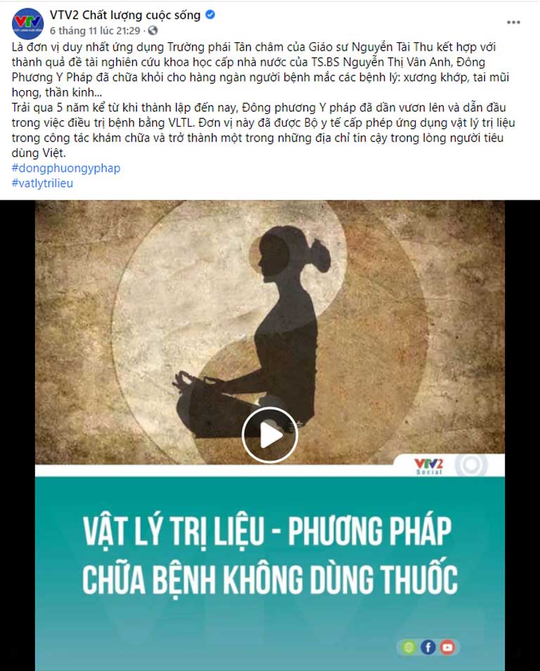 Trung tâm Đông phương Y pháp được giới thiệu trên fanpage vtv2